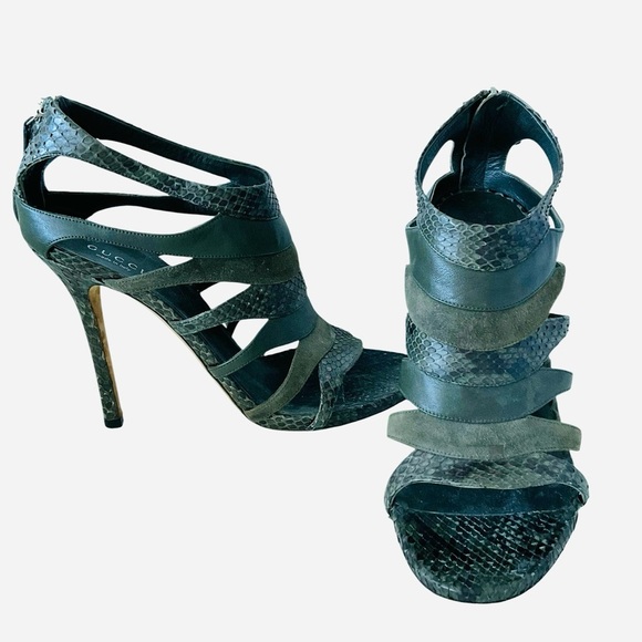 Rare Gucci Snakeskin & Leather Strappy Stiletto Sandals 38.5 Olive Green - Picture 1 of 8